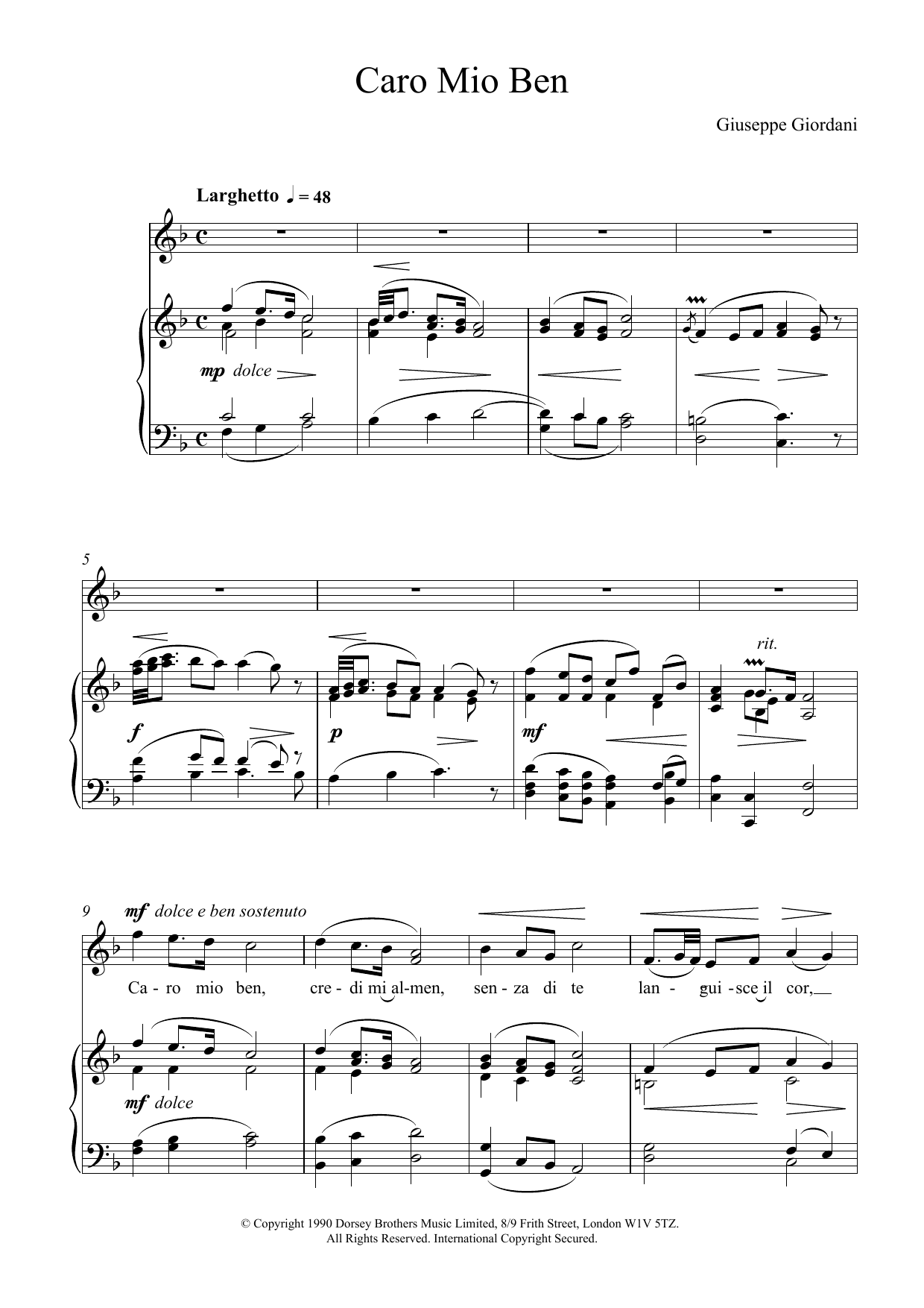 Giuseppe Giordani Caro Mio Ben Sheet Music Notes & Chords for Piano & Vocal - Download or Print PDF