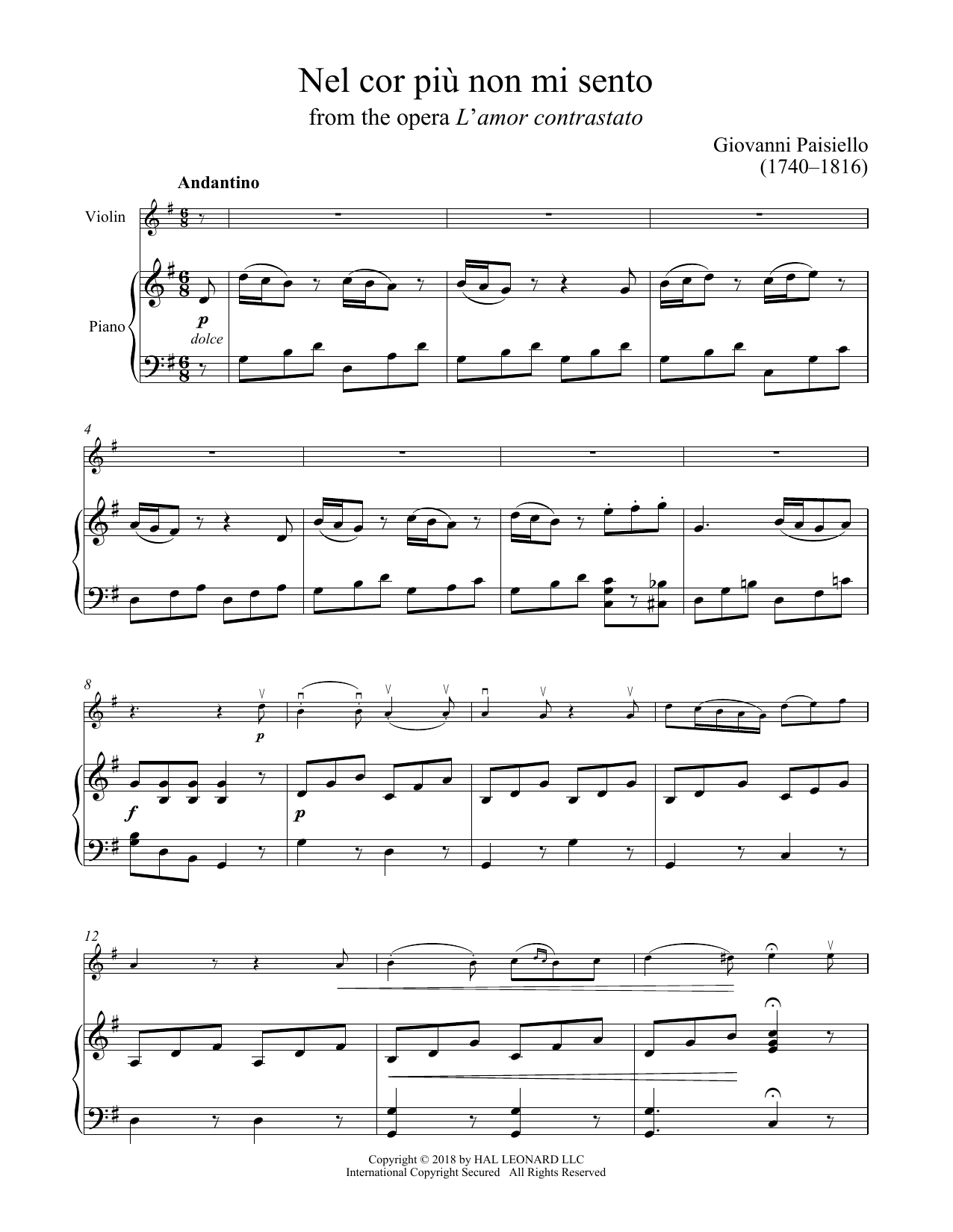 Giuseppe Palomba Nel Cor Piu Non Mi Sento Sheet Music Notes & Chords for Violin and Piano - Download or Print PDF