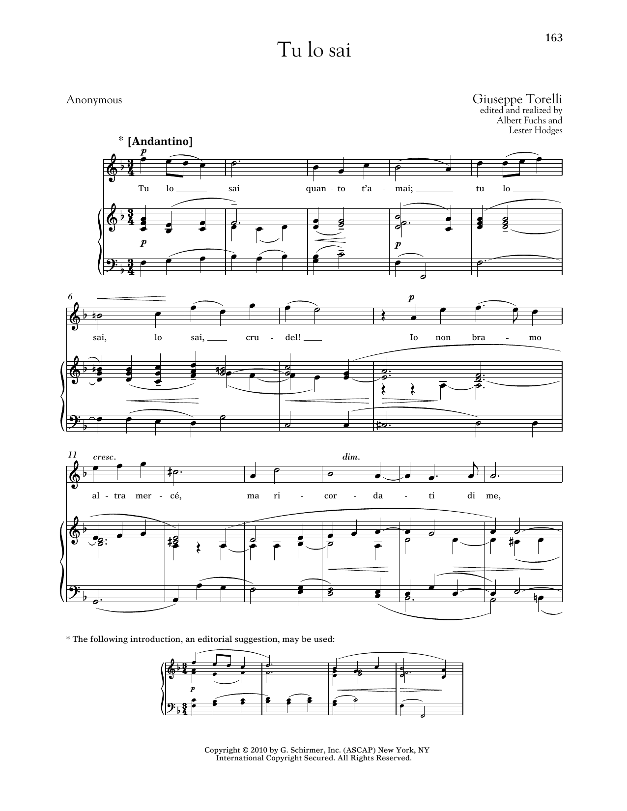 Giuseppe Torelli Tu Lo Sai (High Voice) Sheet Music Notes & Chords for Piano & Vocal - Download or Print PDF