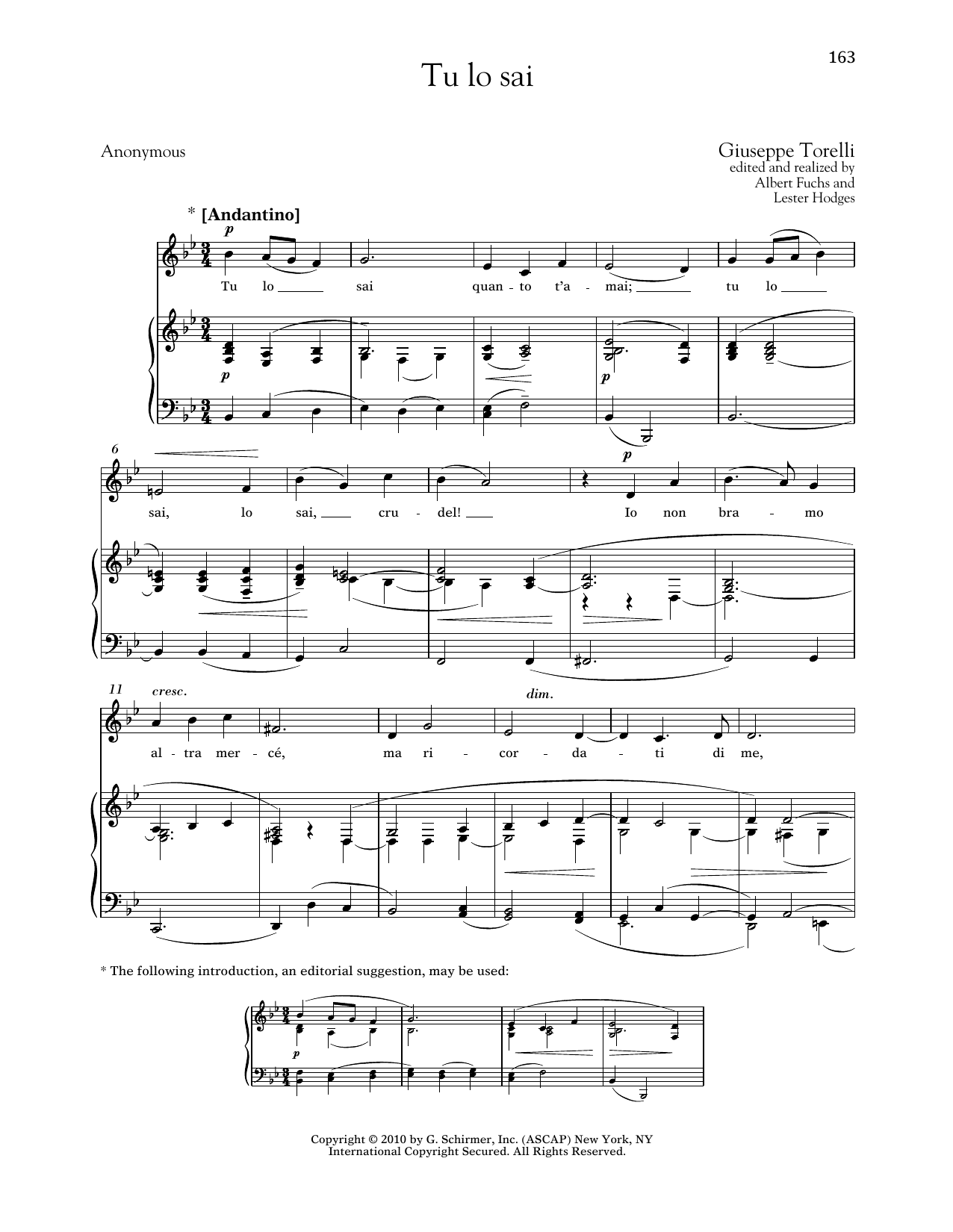 Giuseppe Torelli Tu Lo Sai (Low Voice) Sheet Music Notes & Chords for Piano & Vocal - Download or Print PDF