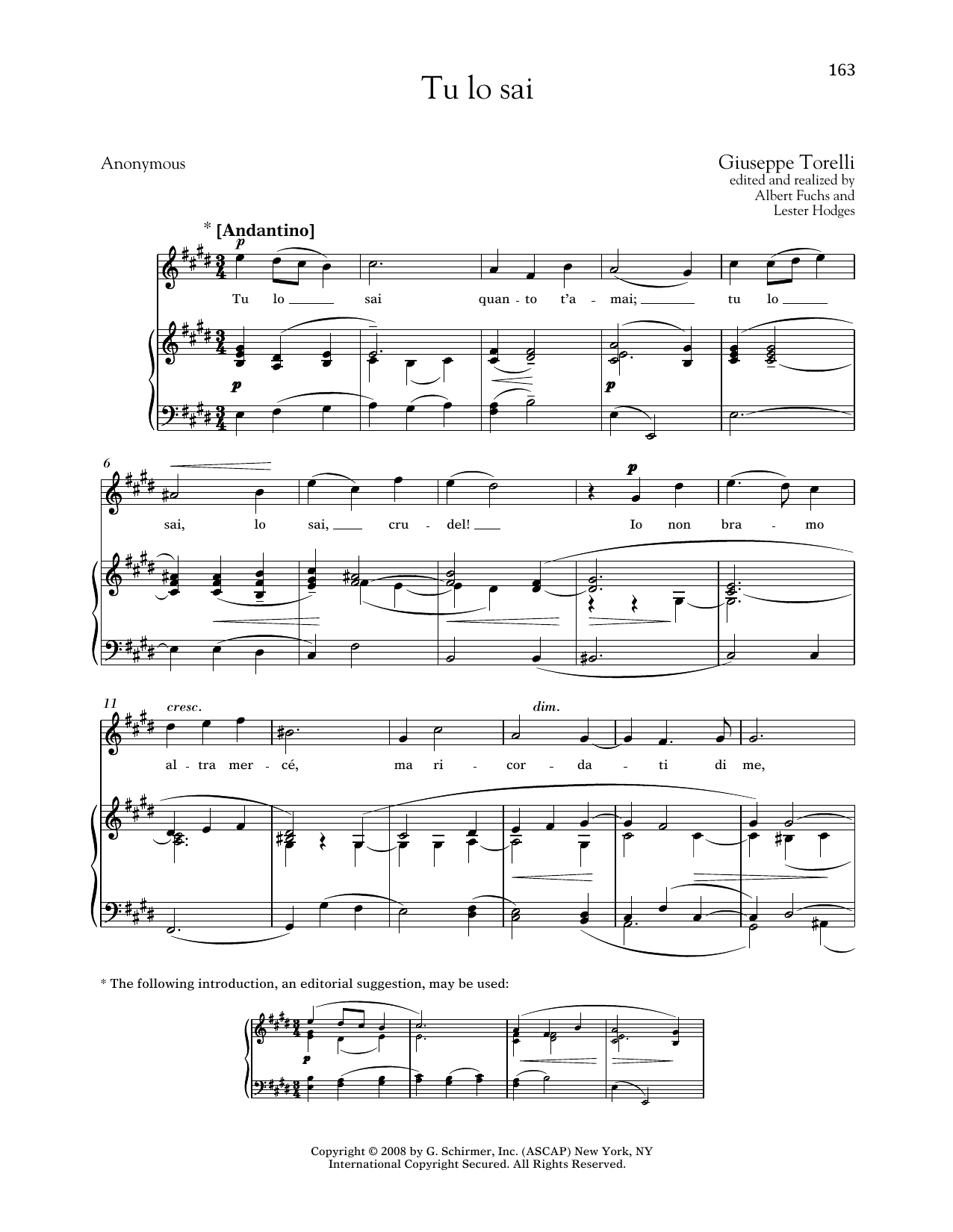 Giuseppe Torelli Tu Lo Sai (Medium High Voice) Sheet Music Notes & Chords for Piano & Vocal - Download or Print PDF