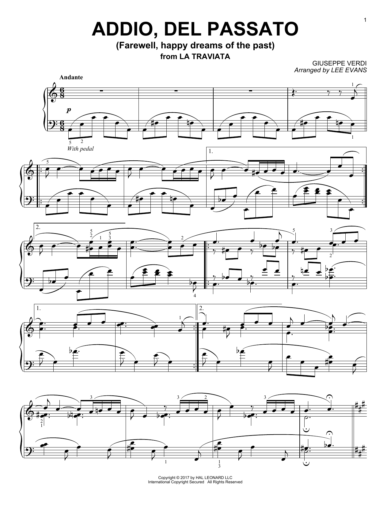 Lee Evans Addio, Del Passatto Sheet Music Notes & Chords for Piano - Download or Print PDF