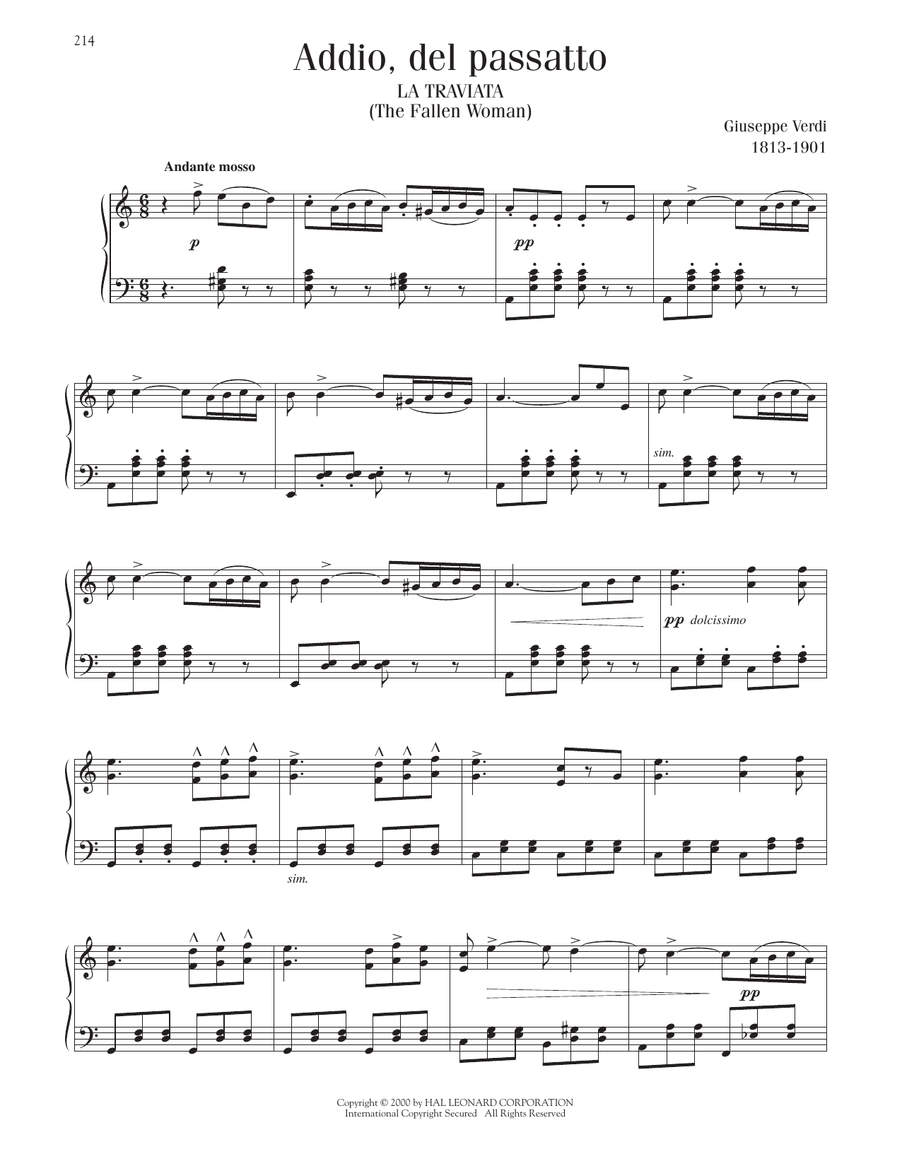 Giuseppe Verdi Addio, Del Passatto Sheet Music Notes & Chords for Piano Solo - Download or Print PDF