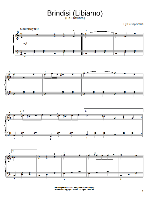 Giuseppe Verdi Brindisi (Libiamo Ne' Lieti Calici) (from La Traviata) Sheet Music Notes & Chords for Easy Piano - Download or Print PDF