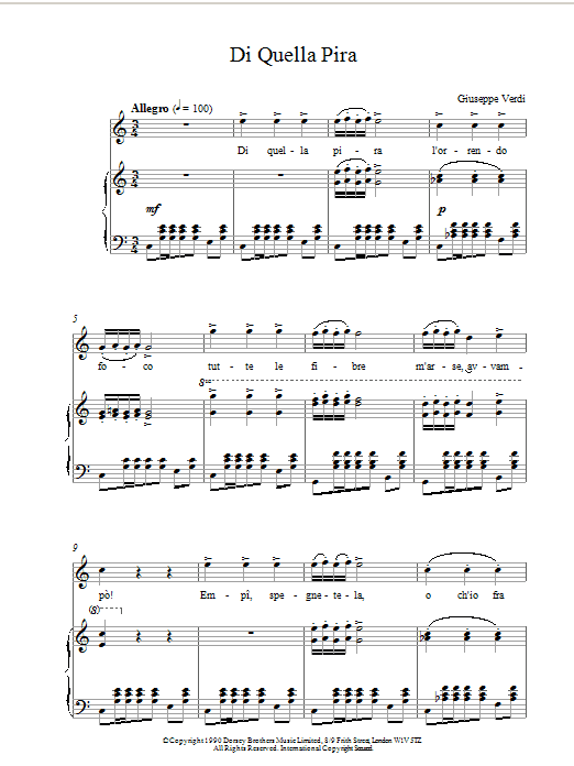 Giuseppe Verdi Di Quella Pira Sheet Music Notes & Chords for Piano & Vocal - Download or Print PDF