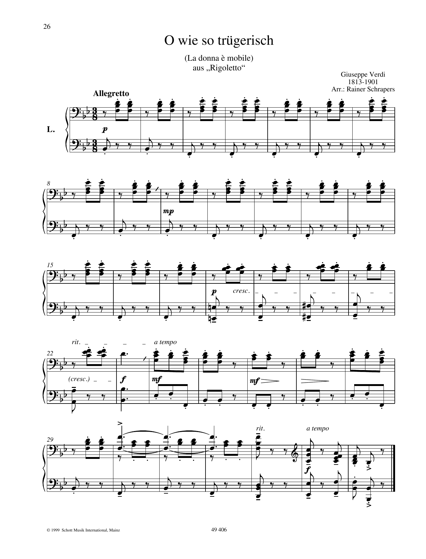 Giuseppe Verdi Donna e mobile Sheet Music Notes & Chords for Piano Duet - Download or Print PDF