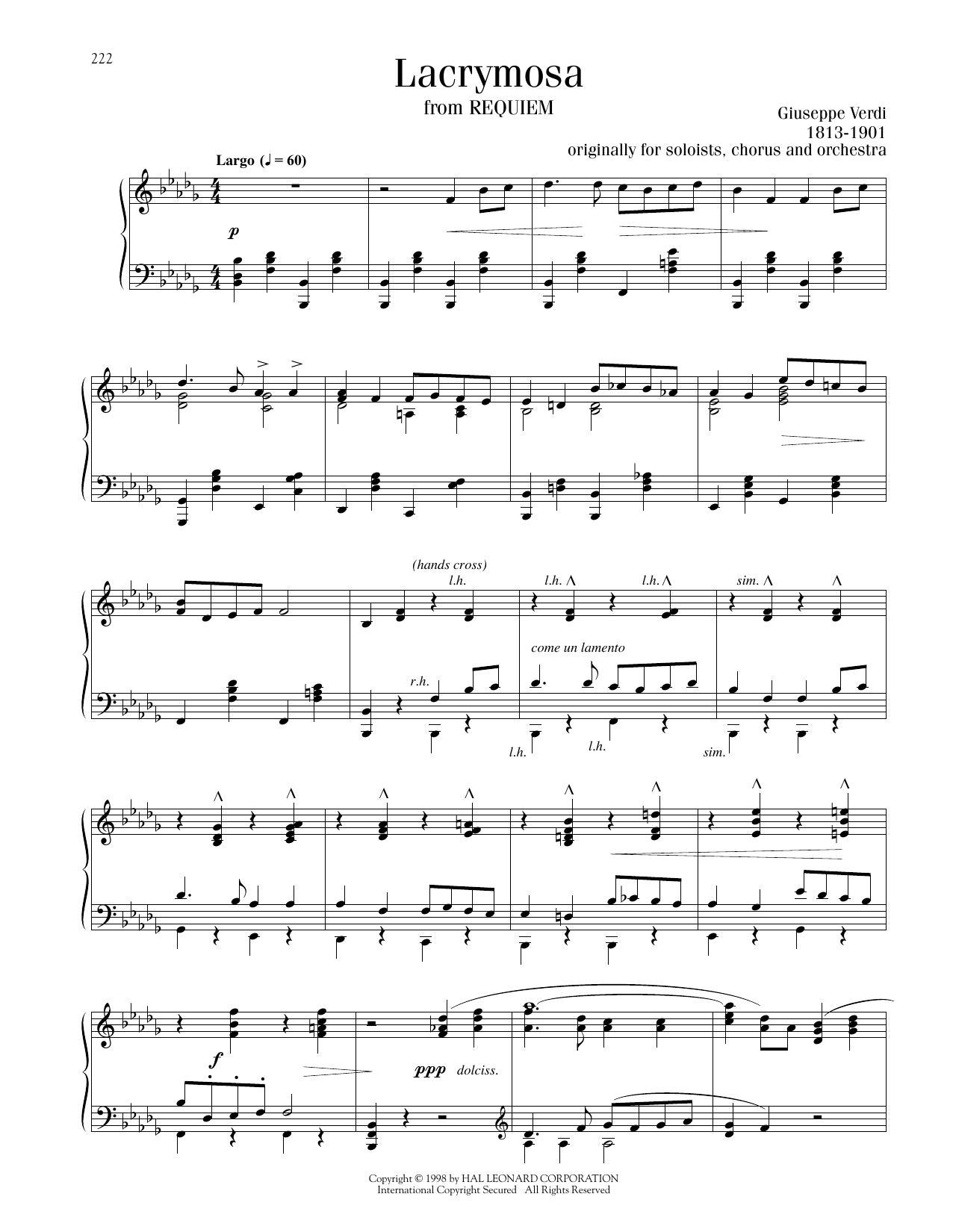 Giuseppe Verdi Lacrymosa Sheet Music Notes & Chords for Piano Solo - Download or Print PDF