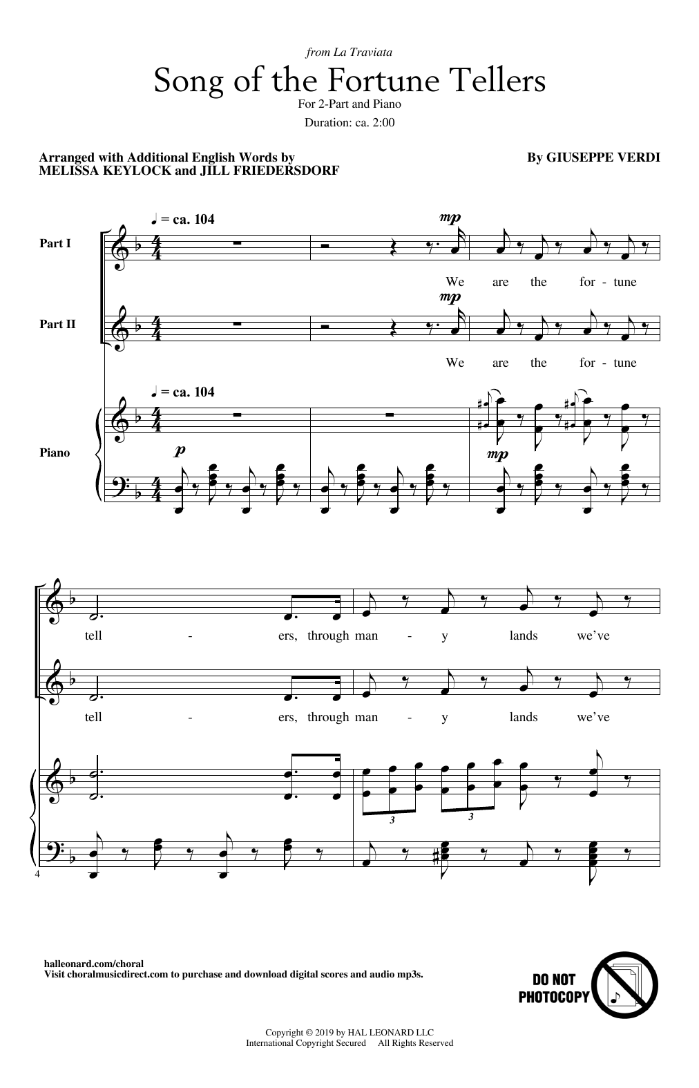 Giuseppe Verdi Song Of The Fortune Tellers (from La Traviata) (arr. Melissa Keylock and Jill Friedersdorf) Sheet Music Notes & Chords for 2-Part Choir - Download or Print PDF
