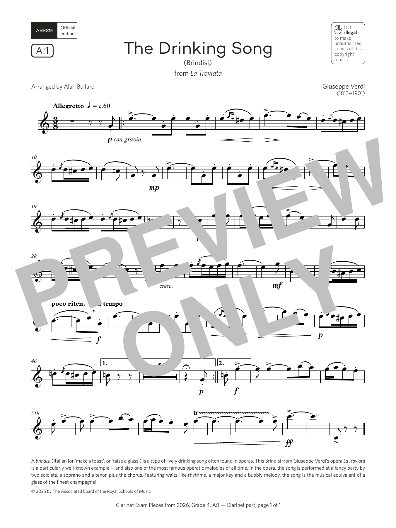 Giuseppe Verdi The Drinking Song (Grade 4, list A1, from the ABRSM Clarinet Syllabus from 2026) Sheet Music Notes & Chords for Clarinet Solo - Download or Print PDF Giuseppe Verdi The Drinking Song (Grade 4, list A1, from the ABRSM Clarinet Syllabus from 2026) Sheet Music Notes & Chords for Clarinet Solo - Download or Print PDF