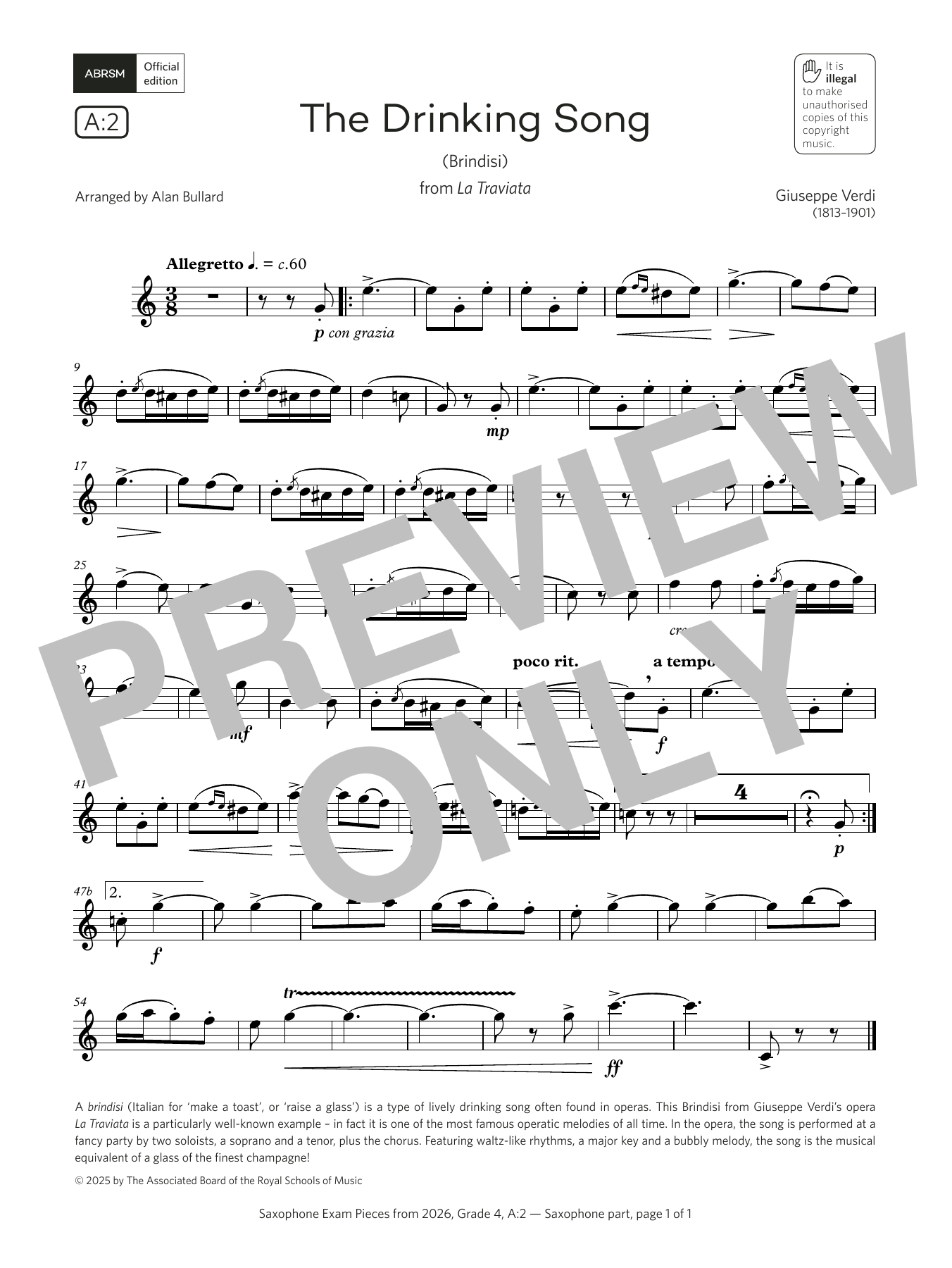 Giuseppe Verdi The Drinking Song (Grade 4, list A2, from the ABRSM Saxophone Syllabus from 2026) Sheet Music Notes & Chords for Alto Sax Solo - Download or Print PDF Giuseppe Verdi The Drinking Song (Grade 4, list A2, from the ABRSM Saxophone Syllabus from 2026) Sheet Music Notes & Chords for Alto Sax Solo - Download or Print PDF