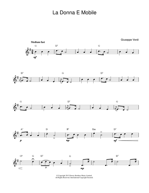 Preview Giuseppe Verdi La Donna E Mobile (from Rigoletto) Classical sheet music, notes and chords for Melody Line & Chords, SKU: 14084 La Donna E Mobile (from Rigoletto) sheet music