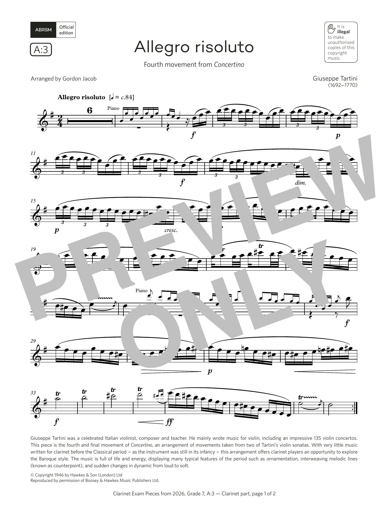 Giuseppi Tartini Allegro risoluto (Grade 7, list A3, from the ABRSM Clarinet Syllabus from 2026) Sheet Music Notes & Chords for Clarinet Solo - Download or Print PDF Giuseppi Tartini Allegro risoluto (Grade 7, list A3, from the ABRSM Clarinet Syllabus from 2026) Sheet Music Notes & Chords for Clarinet Solo - Download or Print PDF