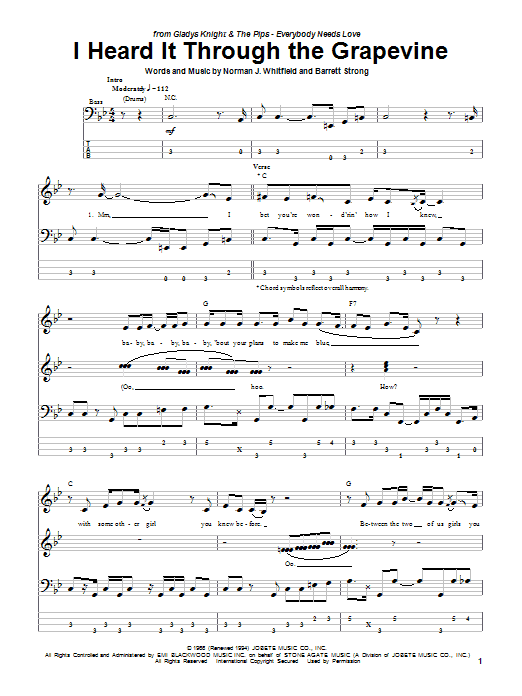 Gladys Knight & The Pips I Heard It Through The Grapevine Sheet Music Notes & Chords for Bass Guitar Tab - Download or Print PDF