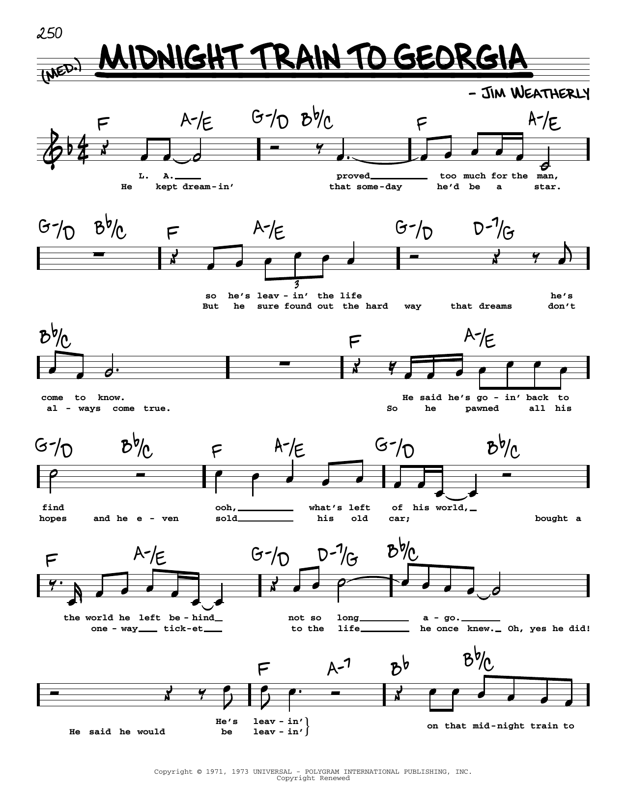 Gladys Knight & The Pips Midnight Train To Georgia (High Voice) Sheet Music Notes & Chords for Real Book – Melody, Lyrics & Chords - Download or Print PDF