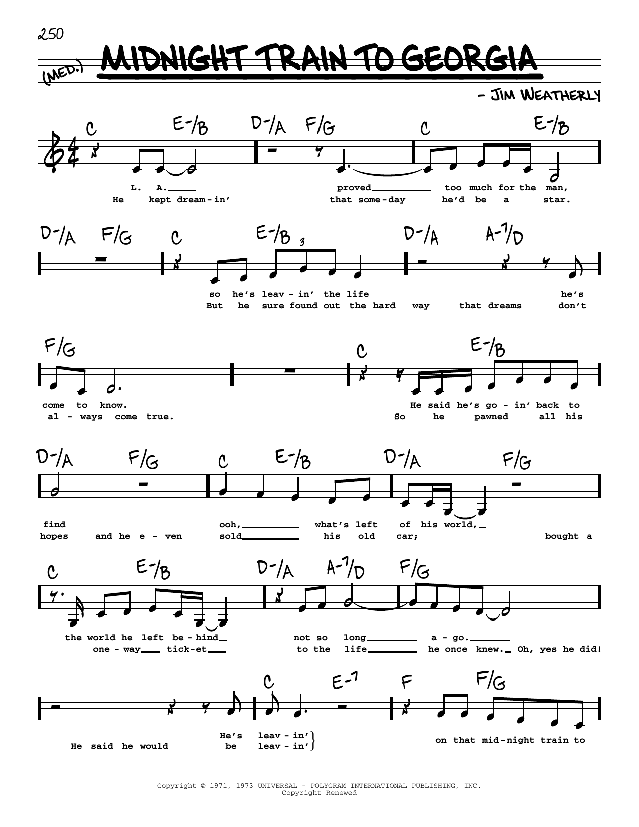 Gladys Knight & The Pips Midnight Train To Georgia (Low Voice) Sheet Music Notes & Chords for Real Book – Melody, Lyrics & Chords - Download or Print PDF
