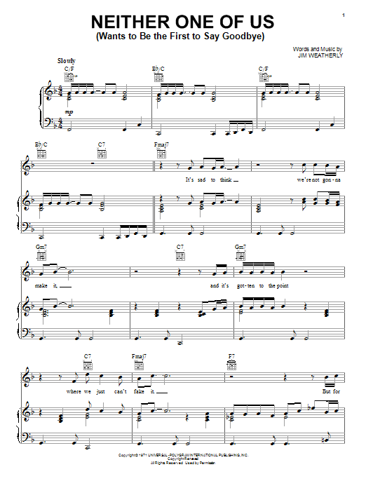 Gladys Knight & The Pips Neither One Of Us (Wants To Be The First To Say Goodbye) Sheet Music Notes & Chords for Piano, Vocal & Guitar (Right-Hand Melody) - Download or Print PDF