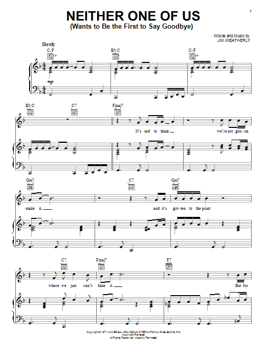 Gladys Knight & The Pips Neither One Of Us (Wants To Be The First To Say Goodbye) Sheet Music Notes & Chords for Melody Line, Lyrics & Chords - Download or Print PDF