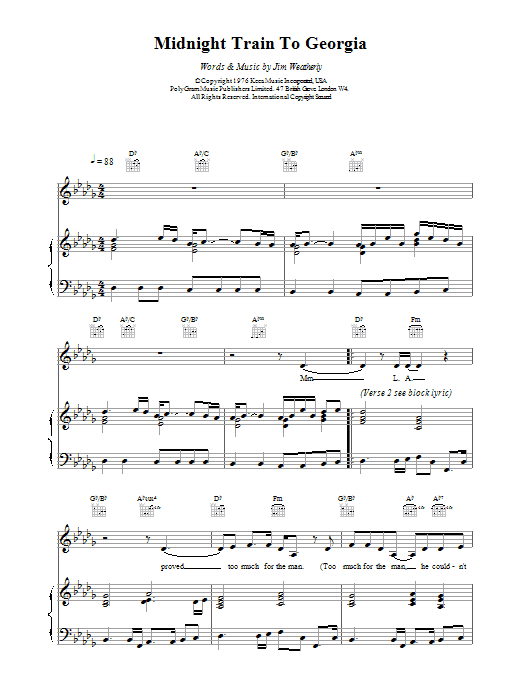 Gladys Knight Midnight Train To Georgia Sheet Music Notes & Chords for Piano & Vocal - Download or Print PDF