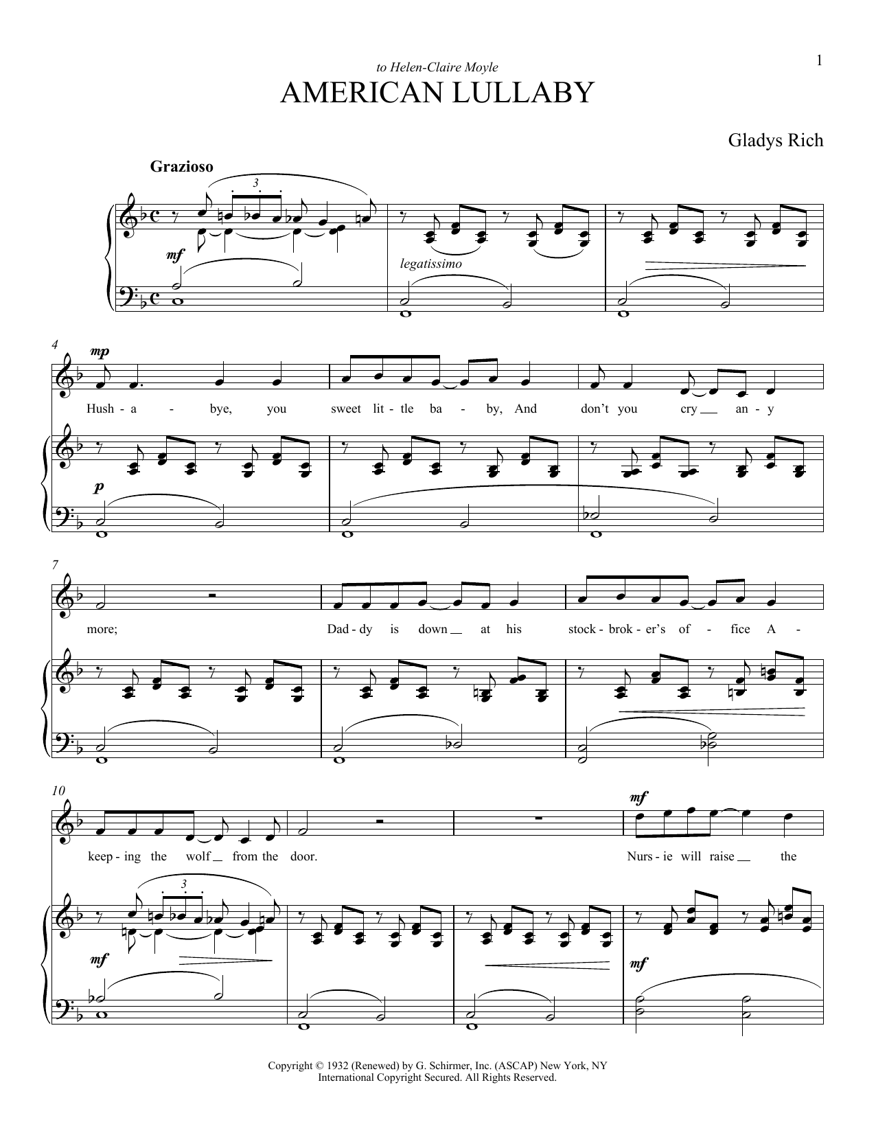Gladys Rich American Lullaby Sheet Music Notes & Chords for Piano & Vocal - Download or Print PDF