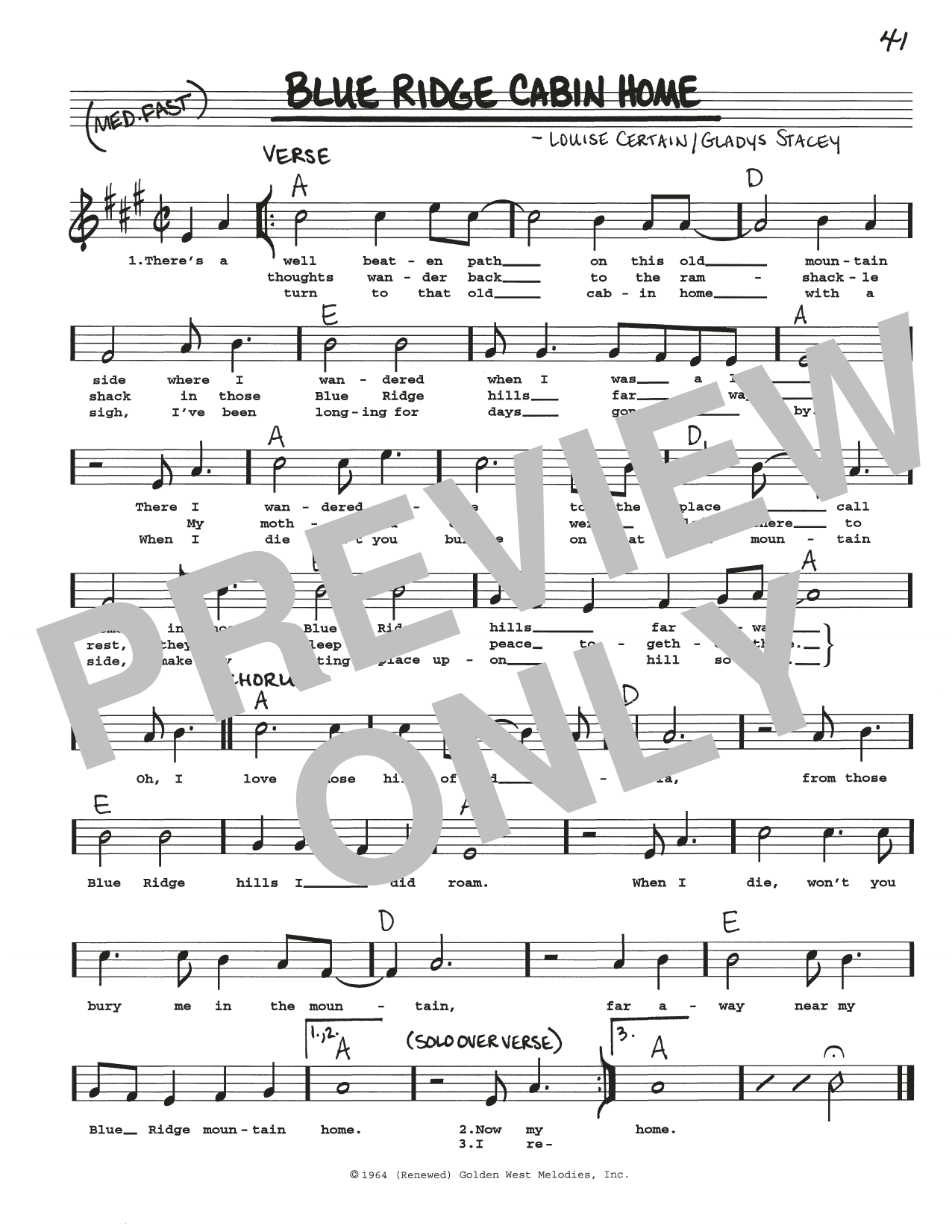 Gladys Stacey Blue Ridge Cabin Home Sheet Music Notes & Chords for Real Book – Melody, Lyrics & Chords - Download or Print PDF
