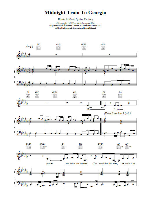 Preview Gladys Knight Midnight Train to Georgia Pop sheet music, notes and chords for Piano, Vocal & Guitar, SKU: 14624 Midnight Train to Georgia sheet music