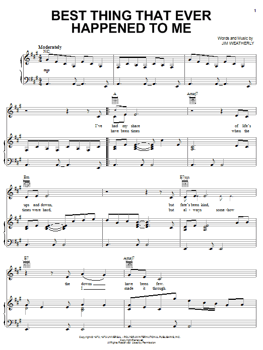 Preview Gladys Knight & The Pips Best Thing That Ever Happened To Me Rock sheet music, notes and chords for Piano, Vocal & Guitar (Right-Hand Melody), SKU: 50217 Best Thing That Ever Happened To Me sheet music