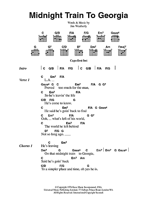 Preview Gladys Knight & The Pips Midnight Train To Georgia Folk sheet music, notes and chords for Voice, SKU: 194325 Midnight Train To Georgia sheet music
