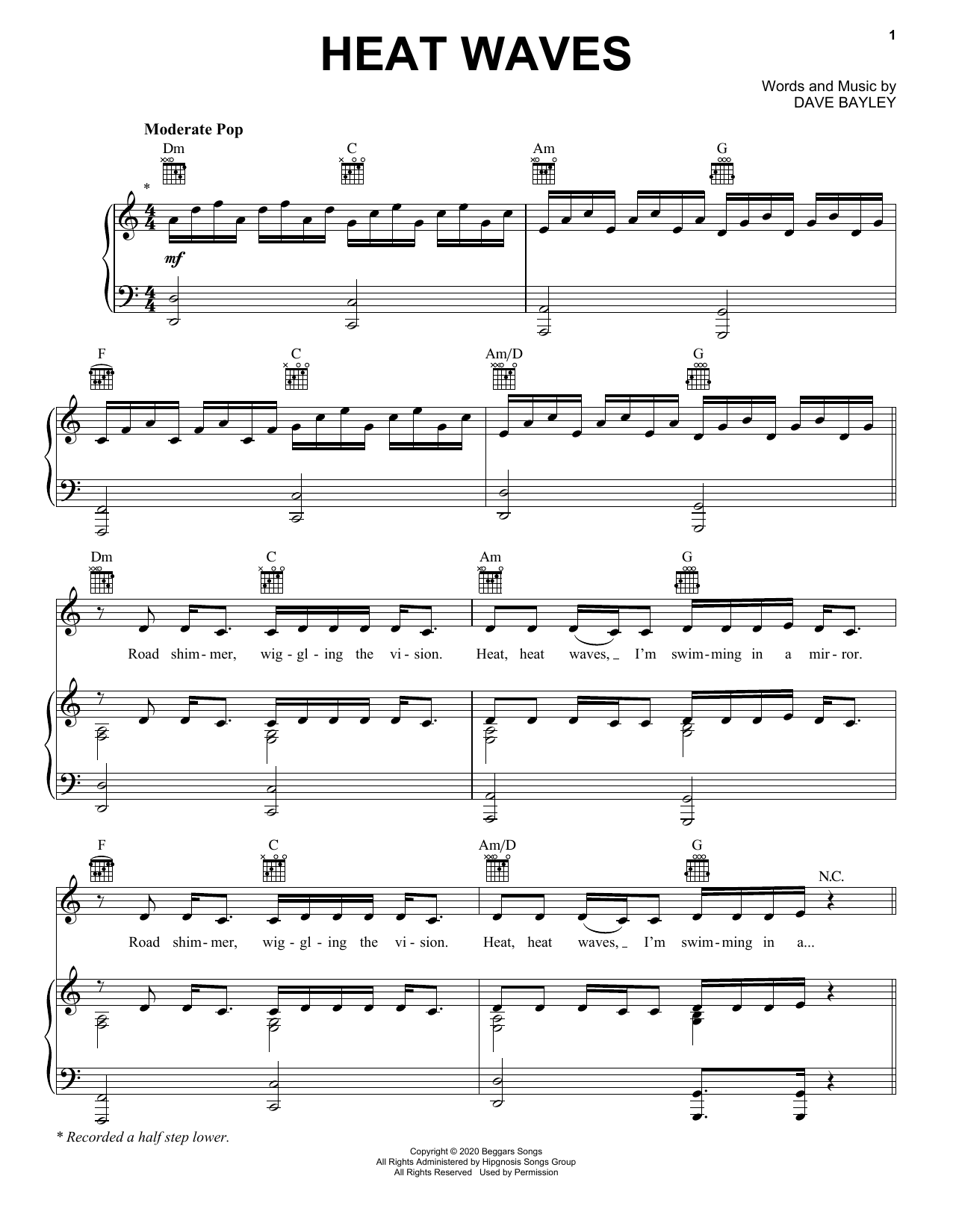 Glass Animals Heat Waves Sheet Music Notes & Chords for Piano, Vocal & Guitar Chords (Right-Hand Melody) - Download or Print PDF