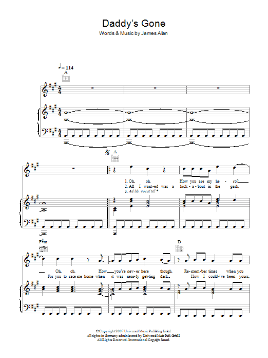 Glasvegas Daddy's Gone Sheet Music Notes & Chords for Lyrics & Chords - Download or Print PDF