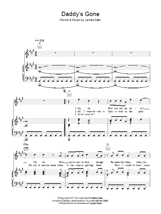 Glasvegas Daddy's Gone Sheet Music Notes & Chords for Piano, Vocal & Guitar (Right-Hand Melody) - Download or Print PDF