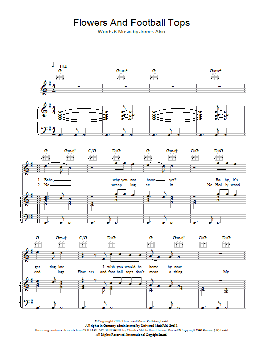 Glasvegas Flowers And Football Tops Sheet Music Notes & Chords for Piano, Vocal & Guitar (Right-Hand Melody) - Download or Print PDF