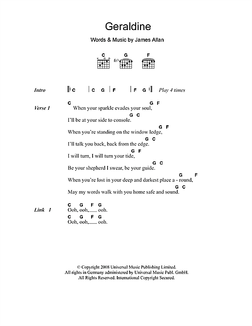 Glasvegas Geraldine Sheet Music Notes & Chords for Lyrics & Chords - Download or Print PDF