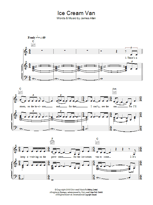 Glasvegas Ice Cream Van Sheet Music Notes & Chords for Piano, Vocal & Guitar (Right-Hand Melody) - Download or Print PDF