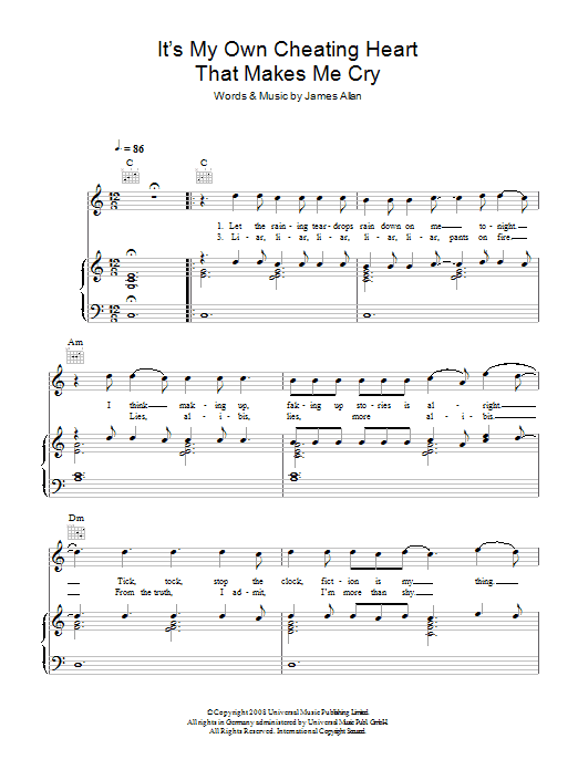 Glasvegas It's My Own Cheating Heart That Makes Me Cry Sheet Music Notes & Chords for Piano, Vocal & Guitar (Right-Hand Melody) - Download or Print PDF