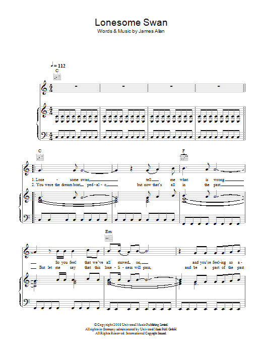 Glasvegas Lonesome Swan Sheet Music Notes & Chords for Piano, Vocal & Guitar (Right-Hand Melody) - Download or Print PDF