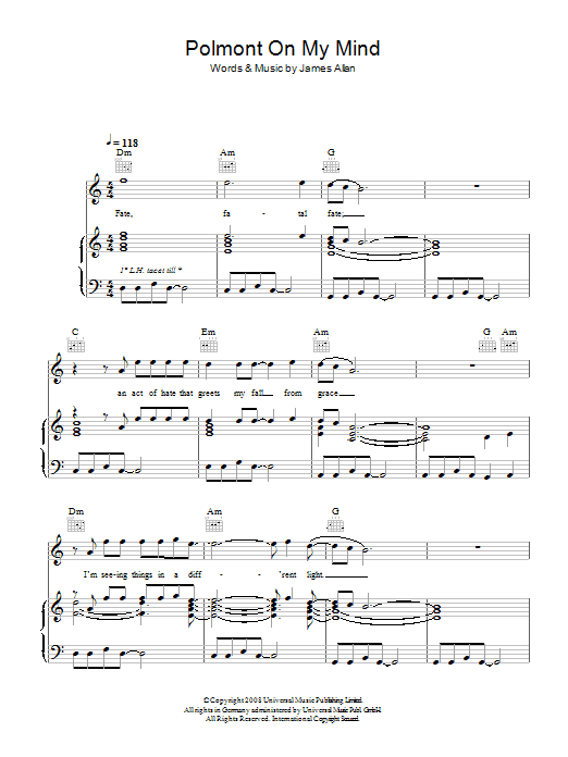 Glasvegas Polmont On My Mind Sheet Music Notes & Chords for Piano, Vocal & Guitar (Right-Hand Melody) - Download or Print PDF