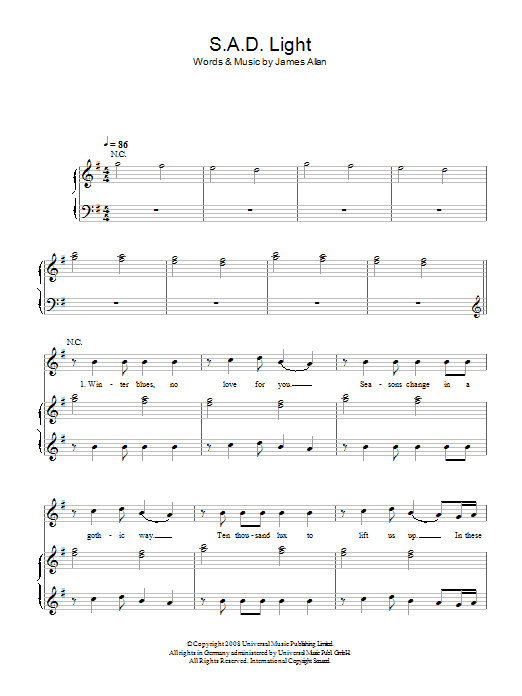 Glasvegas SAD Light Sheet Music Notes & Chords for Piano, Vocal & Guitar (Right-Hand Melody) - Download or Print PDF