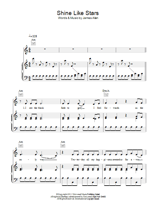 Glasvegas Shine Like Stars Sheet Music Notes & Chords for Piano, Vocal & Guitar (Right-Hand Melody) - Download or Print PDF