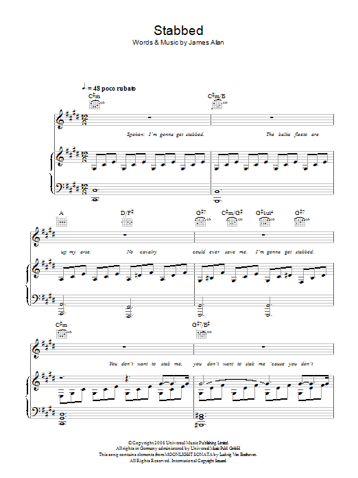 Glasvegas Stabbed Sheet Music Notes & Chords for Piano, Vocal & Guitar - Download or Print PDF