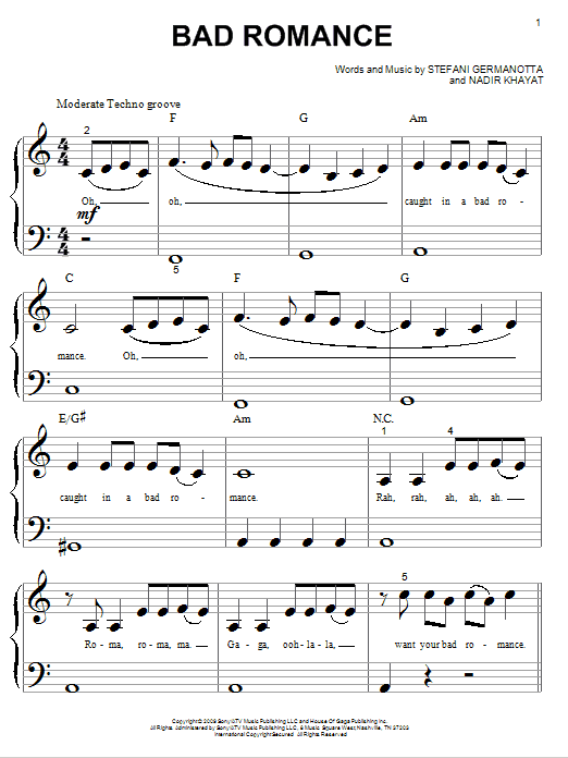 Lady Gaga Bad Romance Sheet Music Notes & Chords for Piano (Big Notes) - Download or Print PDF