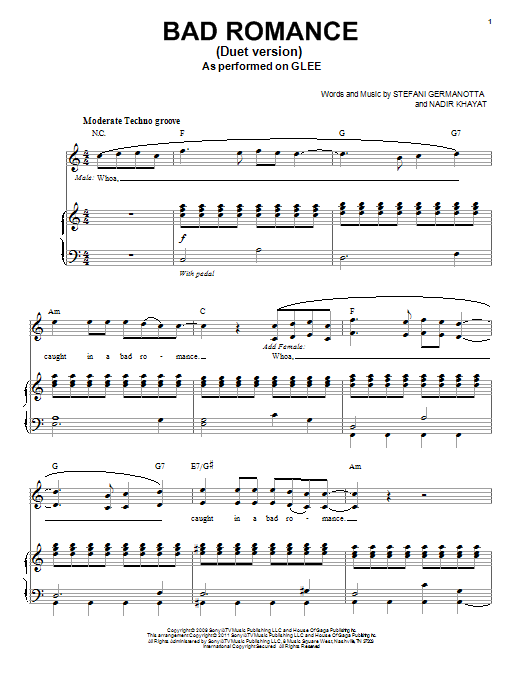Glee Cast Bad Romance (Vocal Duet) Sheet Music Notes & Chords for Piano & Vocal - Download or Print PDF