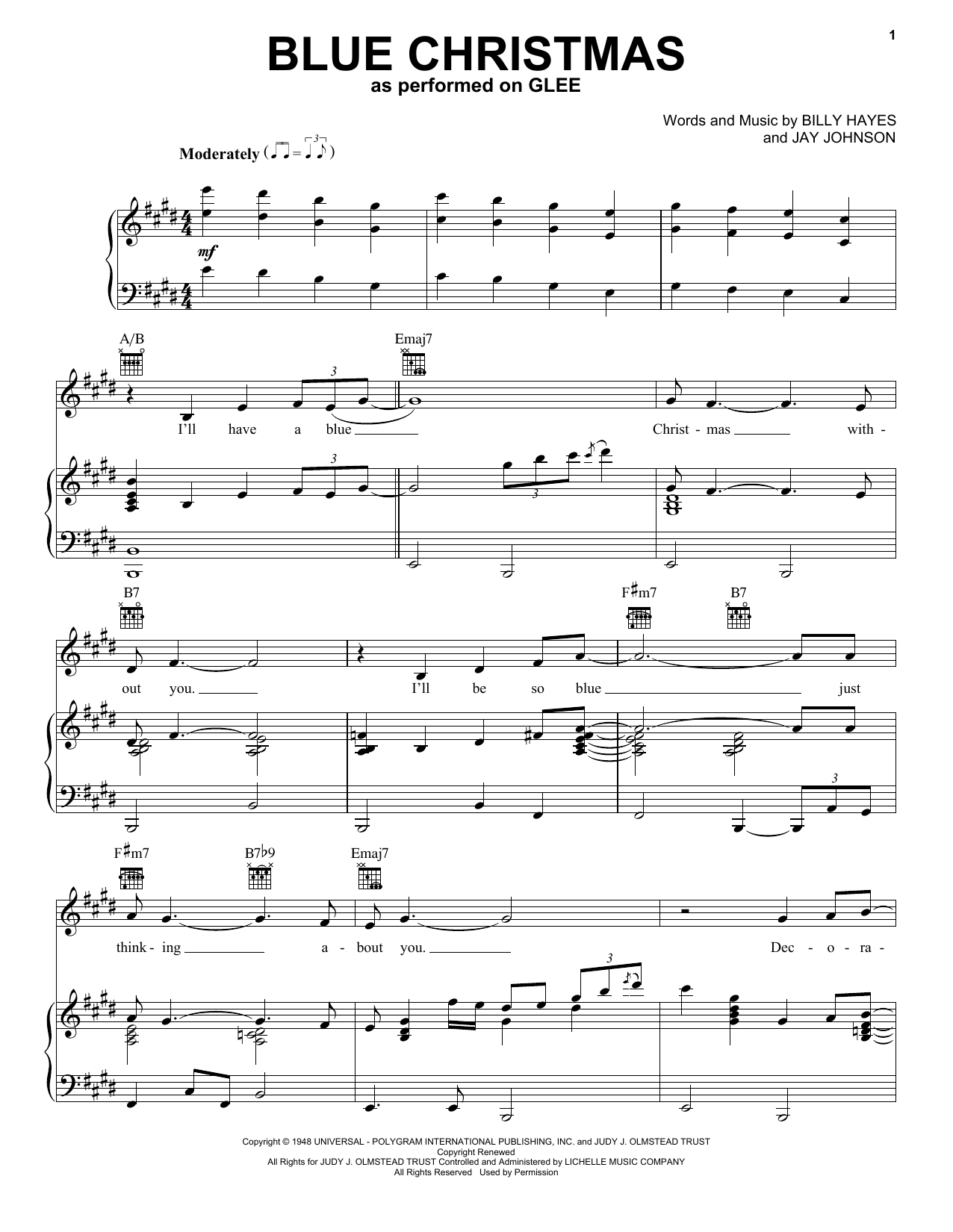 Glee Cast Blue Christmas Sheet Music Notes & Chords for Piano, Vocal & Guitar (Right-Hand Melody) - Download or Print PDF