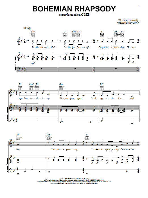 Glee Cast Bohemian Rhapsody Sheet Music Notes & Chords for Piano, Vocal & Guitar (Right-Hand Melody) - Download or Print PDF