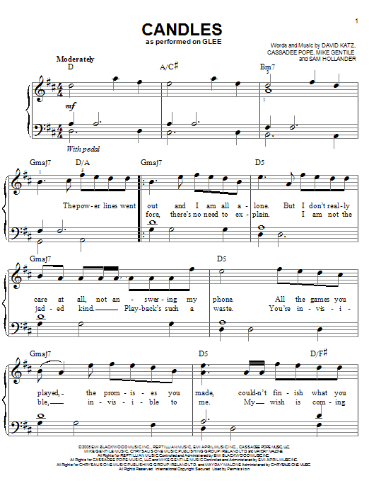 Glee Cast Candles Sheet Music Notes & Chords for Easy Piano - Download or Print PDF