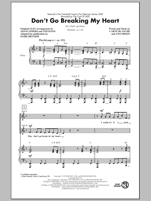 Glee Cast Don't Go Breaking My Heart (arr. Mark Brymer) Sheet Music Notes & Chords for 2-Part Choir - Download or Print PDF
