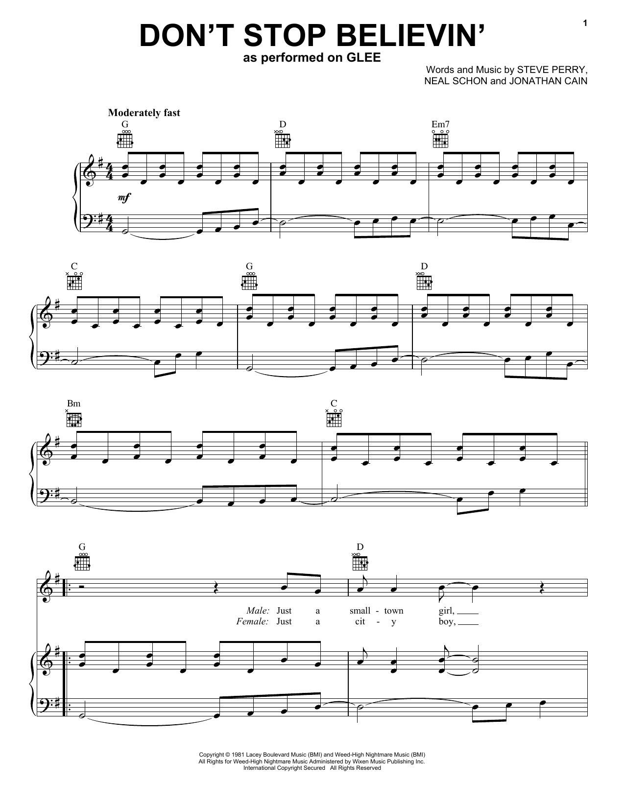 Glee Cast Don't Stop Believin' Sheet Music Notes & Chords for Easy Piano - Download or Print PDF