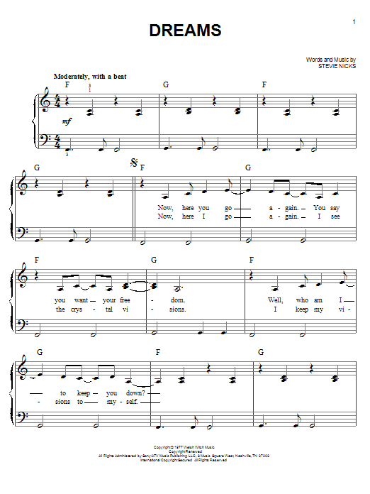 Glee Cast Dreams Sheet Music Notes & Chords for Piano, Vocal & Guitar (Right-Hand Melody) - Download or Print PDF