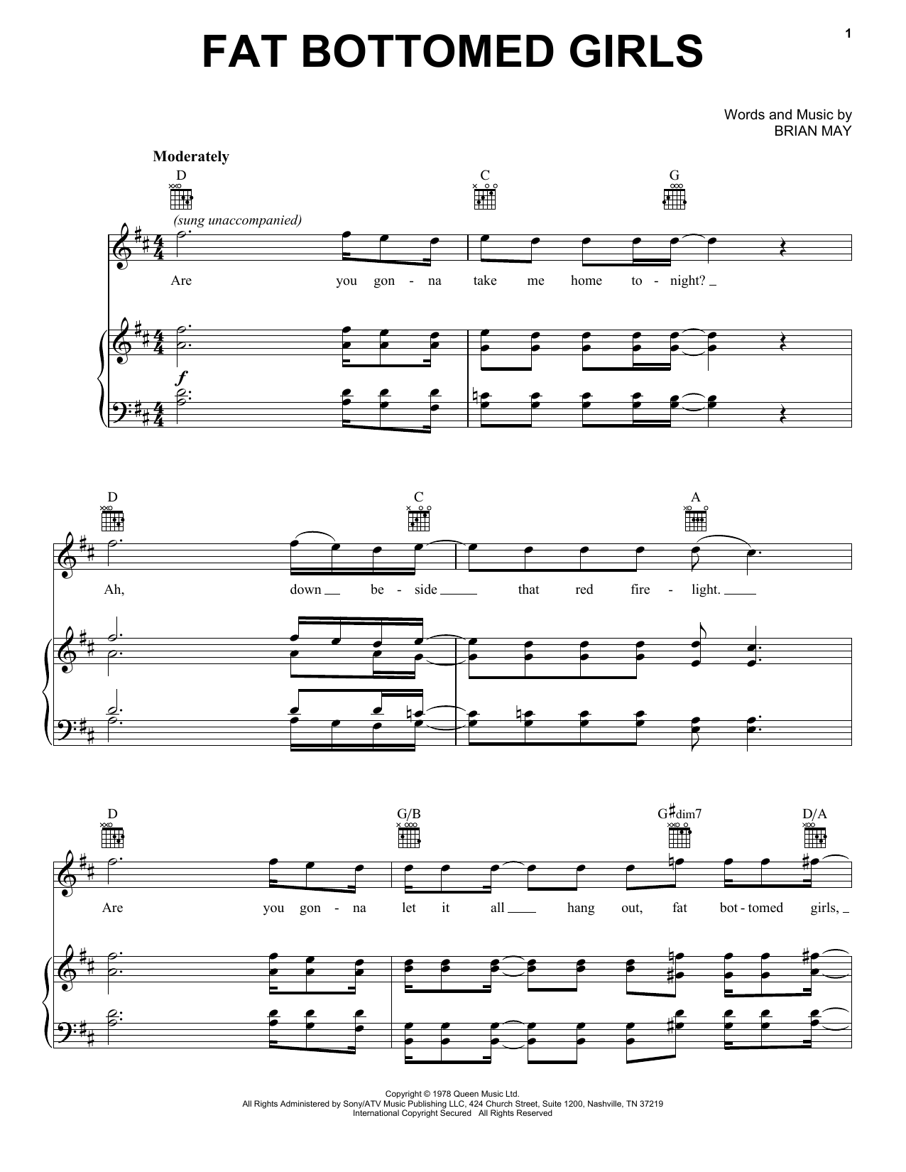 Glee Cast Fat Bottomed Girls Sheet Music Notes & Chords for Easy Piano - Download or Print PDF