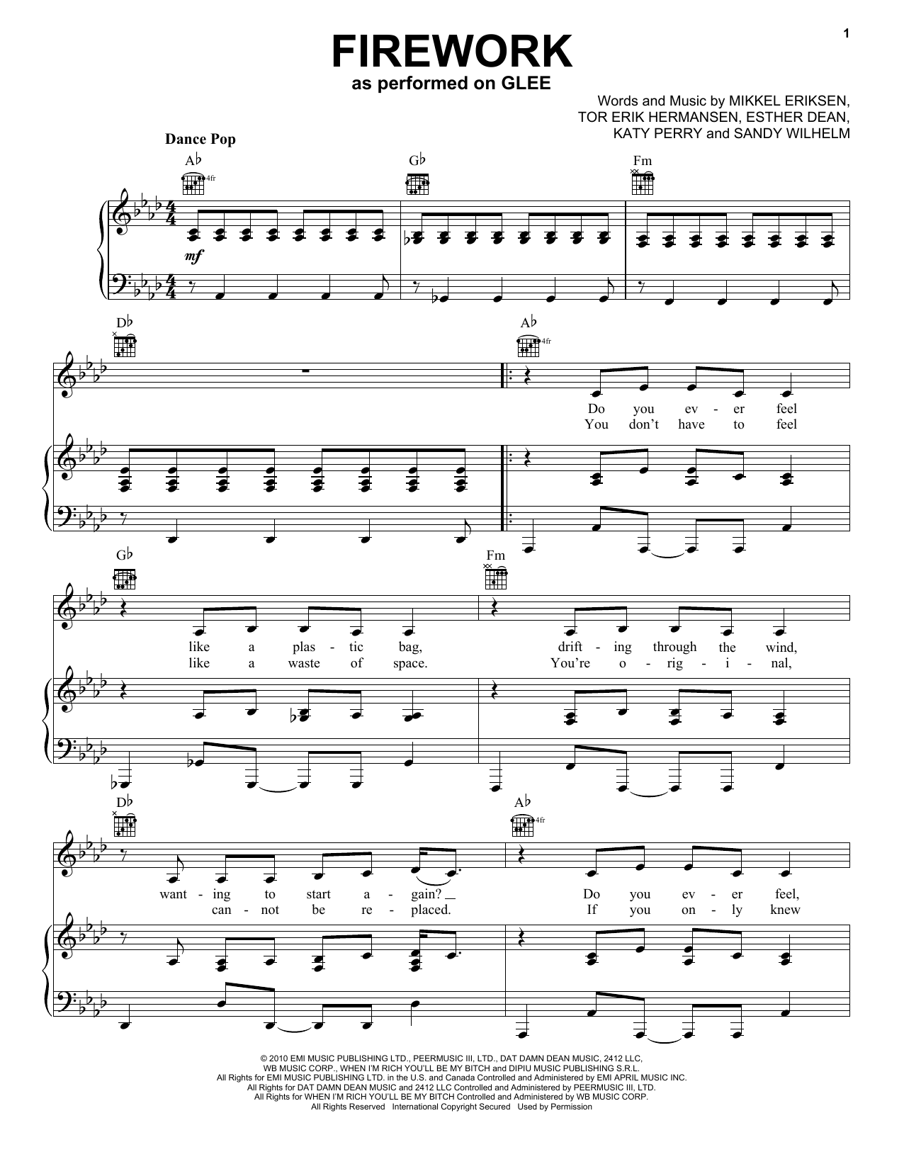 Glee Cast Firework Sheet Music Notes & Chords for Easy Piano - Download or Print PDF