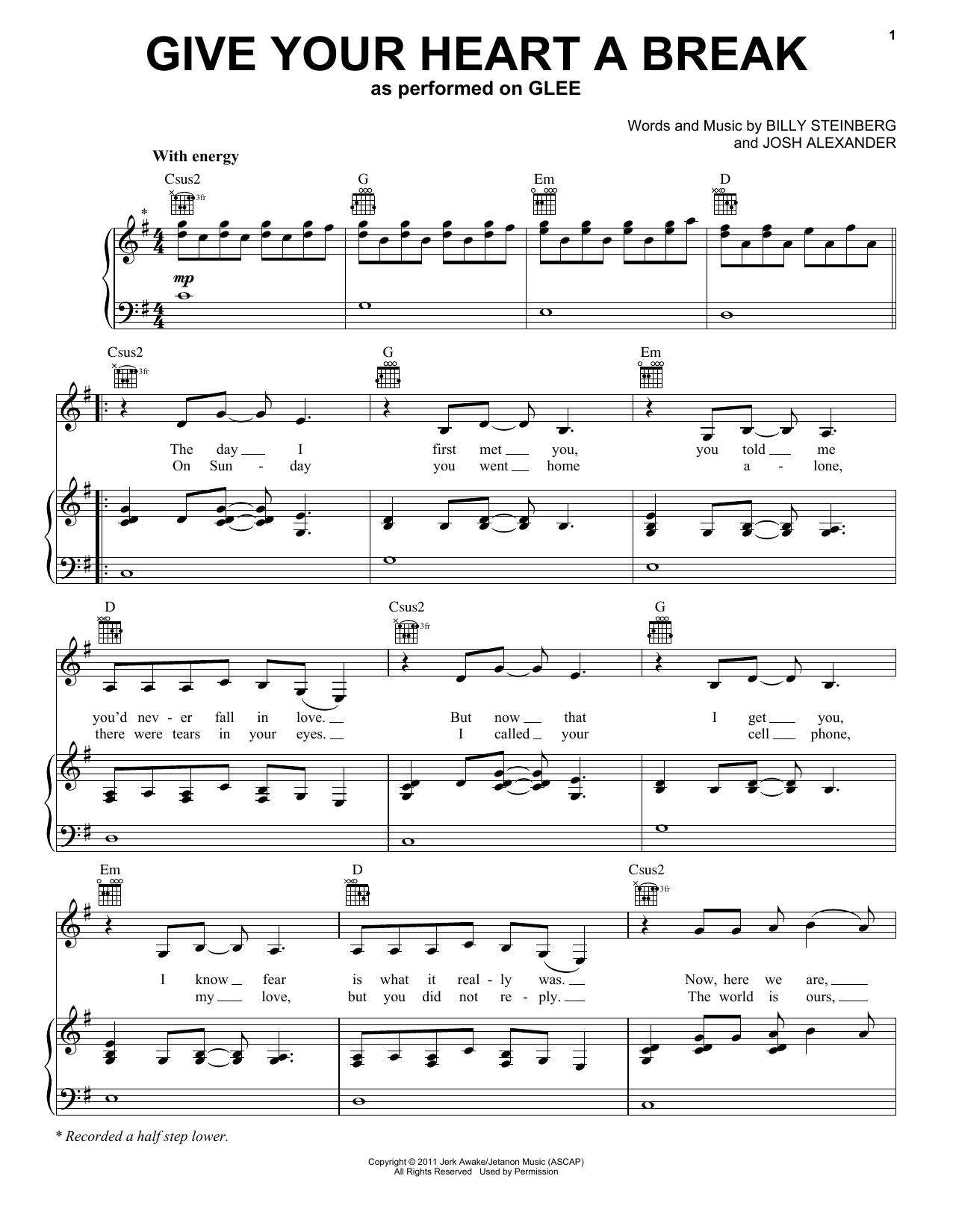 Glee Cast Give Your Heart A Break Sheet Music Notes & Chords for Piano, Vocal & Guitar Chords (Right-Hand Melody) - Download or Print PDF